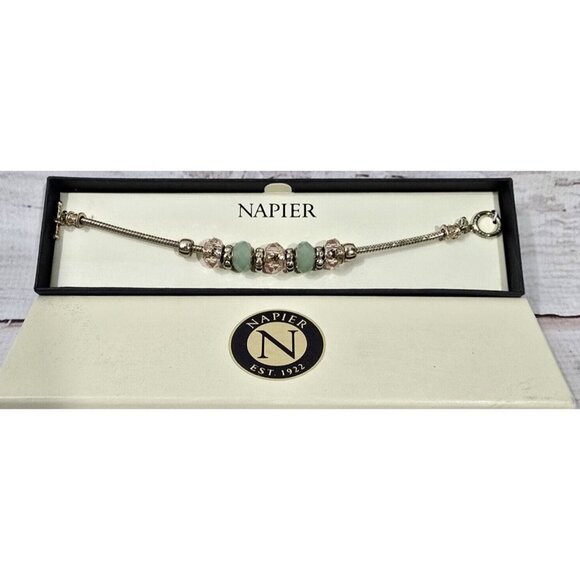 Napier Beaded Charm Bracelet Pink Gold Tone Sage Green Glass Beads Vintage 7" - Picture 1 of 7